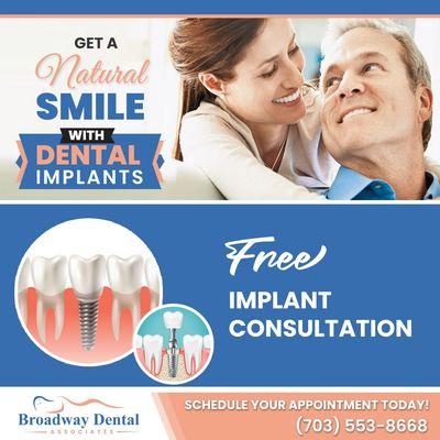 Schedule an implant consultation for free by calling us at:
(703) 533-8668 or by visiting our website broadwaydentalnova.com