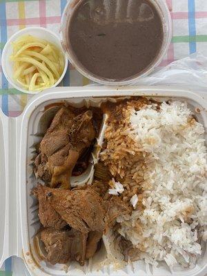 Fowl Stew Chicken ( Poulet a sauce), White Rice ( Diri Blanc), Black bean sauce (Sos pwa nwa), pikliz