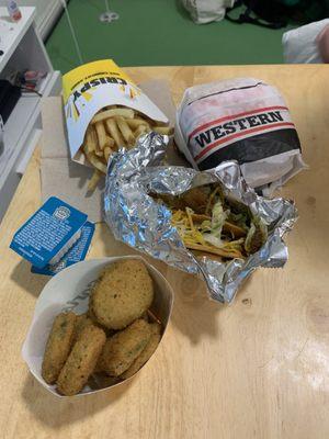 Western Bacon Cheeseburger, French Fries, Crunchy Taco, Fried Zucchini, yummy