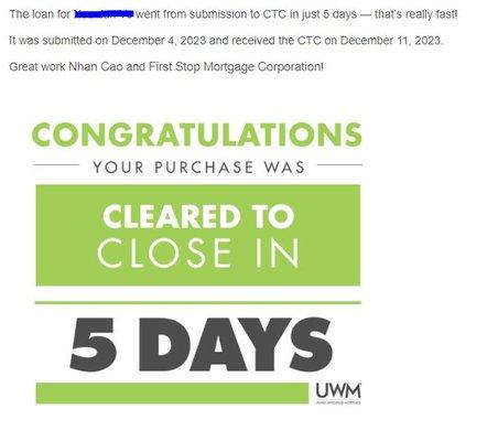 5 days Clear to close in purchase.