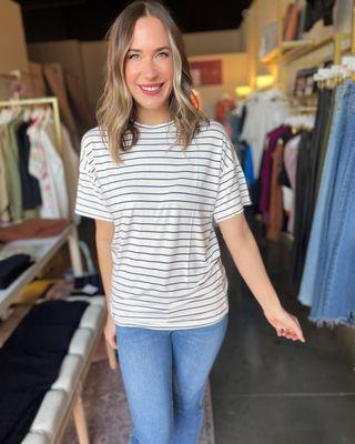 Super soft little striped tee + medium wash denim