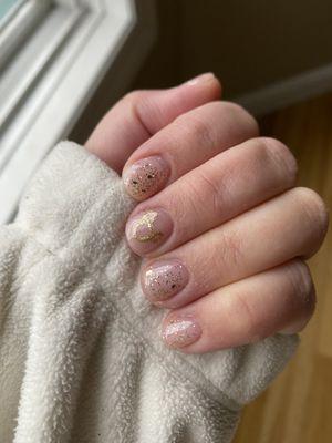 Dip base, gel glitter polish, simple gold Mickey design.