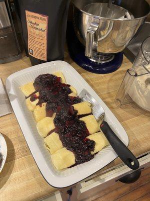 Gluten free crepes with cheese filling and blueberry compote!