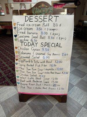 Todays special menu & dessert