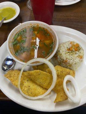 Combo #4 fried fish and shrimp soup.