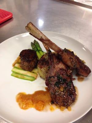 Grilled Lamb Chops with Braised Lamb Shoulder, Asparagus Two Ways, Gratin Potato, Meyer Lemon and Harissa