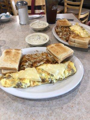 Omelet breakfast with a side of sausage gravy