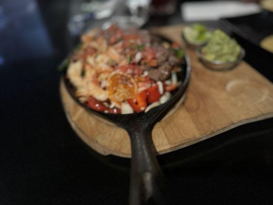 Shrimp and beef fajitas.