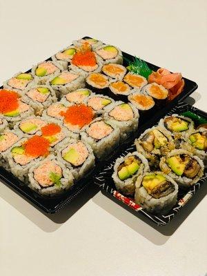 California rolls, spicy tuna rolls, and eel avocado rolls