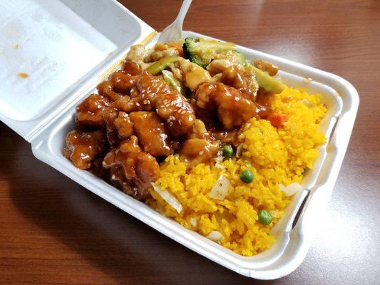 Two entree plate w/ Sesame Chicken, Chicken and Broccoli, and Fried Rice