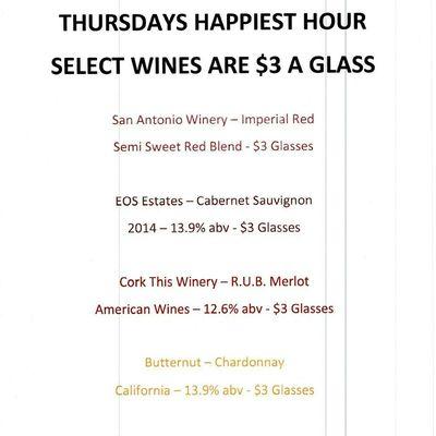 Thursday Special
Select wines $3 a glass