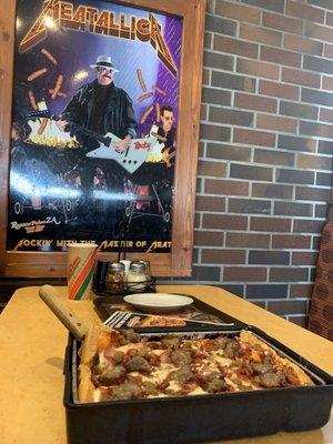 My pizza and one of many over-the-top posters