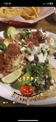 Tostada de Camaron (shrimp), Tostada de Carne Asada and a Taco de Carne Asada.