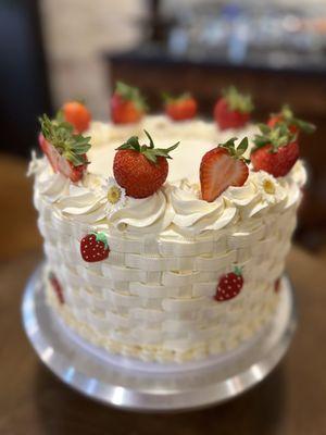 Strawberry on strawberry basket weave baby shower cake