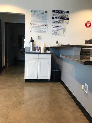 Waiting area inside of US Smog, friendly workers and bonus is there open on a Sunday!! Awesome place to get your car smog!