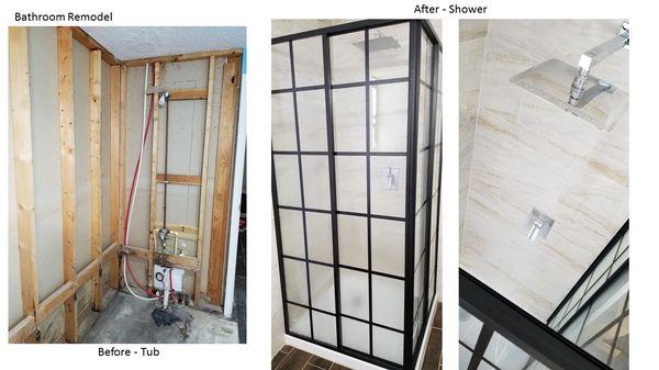 Bathroom remodel water damage, client decided to convert in 36x36 shower pan. French Corner Framed sliding shower enclosure in Satin Black