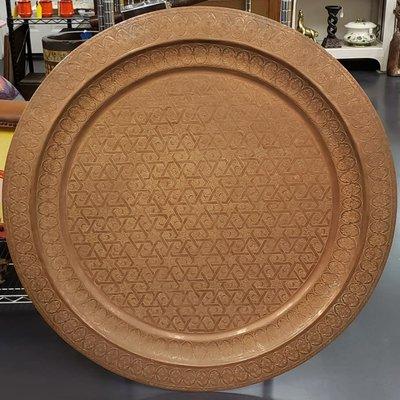 On sale for $450! Mid 20th Century Moroccan Engraved Fez Pattern Hammered Copper Charger Tray!