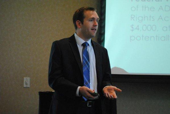 Attorney, Brandon Fieldsted giving a presentation to the Downey Kiwanis organization on ADA Compliance. (May 2014)