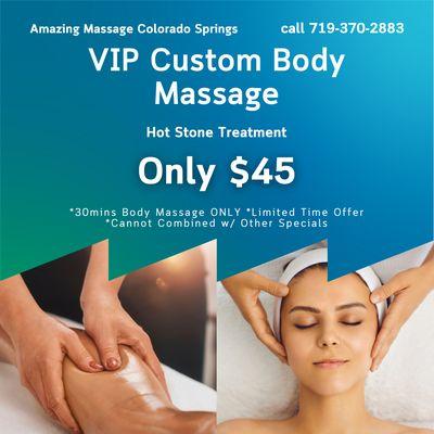 Free Hot Pad, Hot Stone & Hot Oil Treatment
 New professional massage therapists coming to work in 1/25
 Call us at 719-370-2883