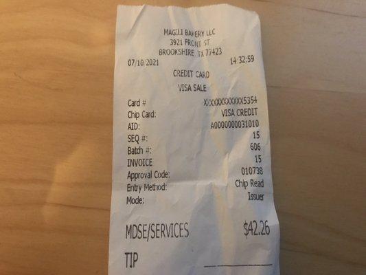 Receipt obtained when I placed the order and paid before sitting down.