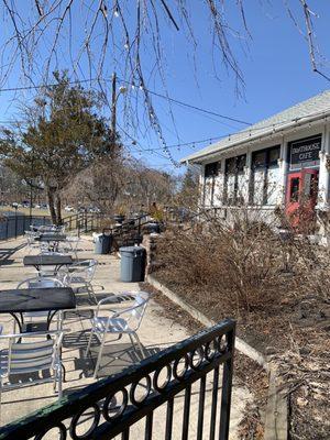 A side view of the outside seating area