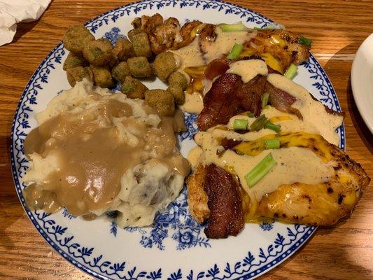 Grilled chicken breast with maple sauce and bacon, mashed potatoes, fried okra.