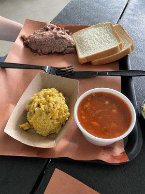 Beef Brisket, Cheesy Corn, Meant in the beans