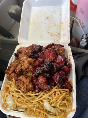 Chowmein, Spicy orange chicken, and bbq chicken