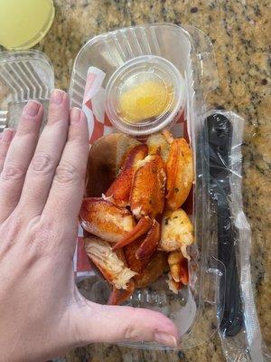 Lobster roll (bun is smaller than a plastic fork, smaller than a woman's hand) the size of 1/2 a hot dog