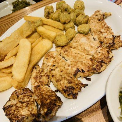 Grilled chicken and fries and okra