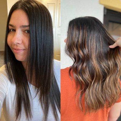 Before(dark hair) and after(balayage highlights)