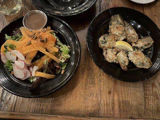 House salad and Oyster Mushroom Rockefeller