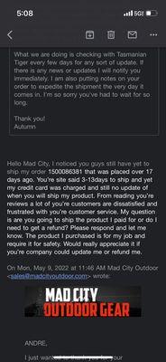 Proof of the emails between customer service and customer