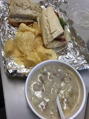 Pick two: Half Turkey BLT sandwich and creamy potato & bacon soup. I upgraded my side to chips, and he gave me the bread for my wait.