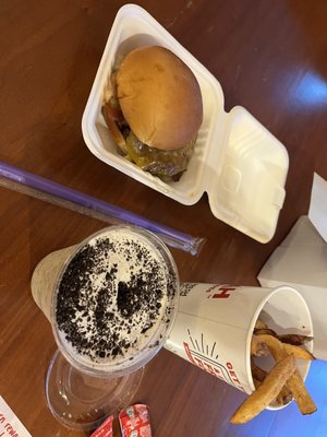 Sm Oreo shake, fries and bacon cheeseburger