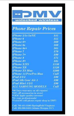 UPDATED NEW PRICE LIST! PRICE DROPS ON ALL SCREEN REPAIRS! 25-30 min Turnaround time 8+ year professionals!