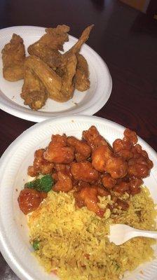 Orange Chicken w\fried rice and Fried Chicken Wings