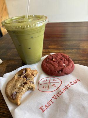 Iced Matcha Latte, Chocolate Chip cookie, Red Velvet