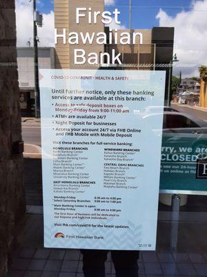 FHB (Kaimuki) is Closed for banking. But from Monday - Friday from 9:00 AM to 11:00 AM if you need access to your safe deposit box, you can!