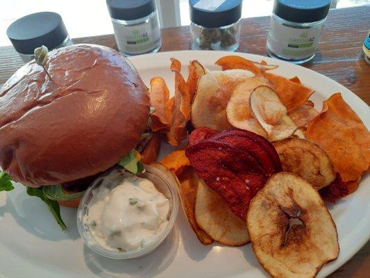 Awwwwesome Vegan Burger w/assorted veggie chips! My favorite new combo...   (Weed Courtesy of Downtown Dispensary)