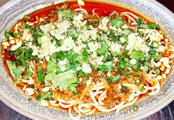 Dan Dan 13 udon noodle, ground pork, spicy peanut sauce, Sichuan chili oil -- DF, Contains Peanuts, M to GS