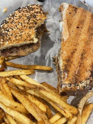 Gluten free bun with hamburger and skinny fries. Delicious!