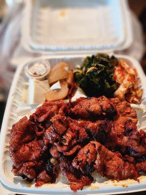 Regular size Plate - Spicy Pork, Sides - Tofu, Shoyu Potato, Seaweed, Kim Chee