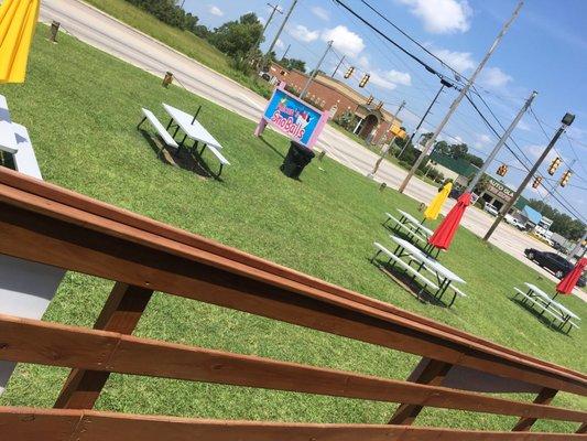 Outside seating with umbrella for shade!