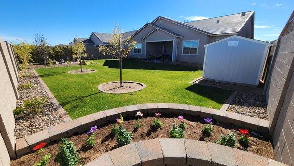 Raised Planters, Tifway Bermuda Sod, PVC irrigation, Paver border and steps with Apache Brown gravel along perimeter