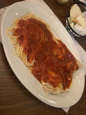 Half meat ravioli/ angel hair with meat sauce