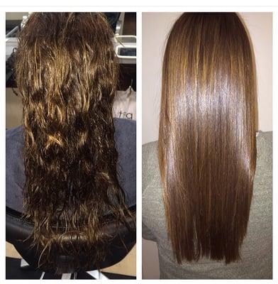 Go from curly/frizzy hair to straight/smooth hair for months! Keratin treatment done by Val.