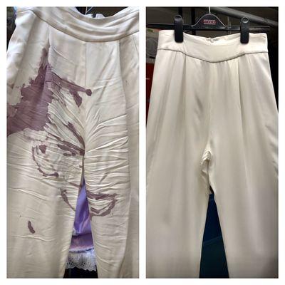 Red Wine Spill + White Silk Slacks