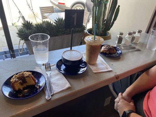 Chocolate almond croissant, Nutella Tea Cake and lattes