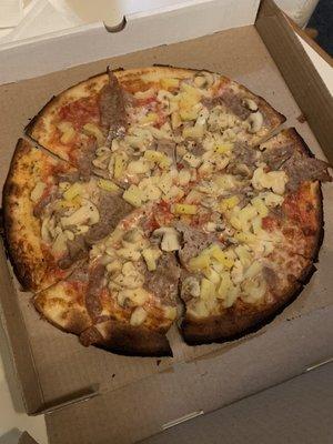 Gluten free 12 inch with pineapple, sausage, and mushroom.